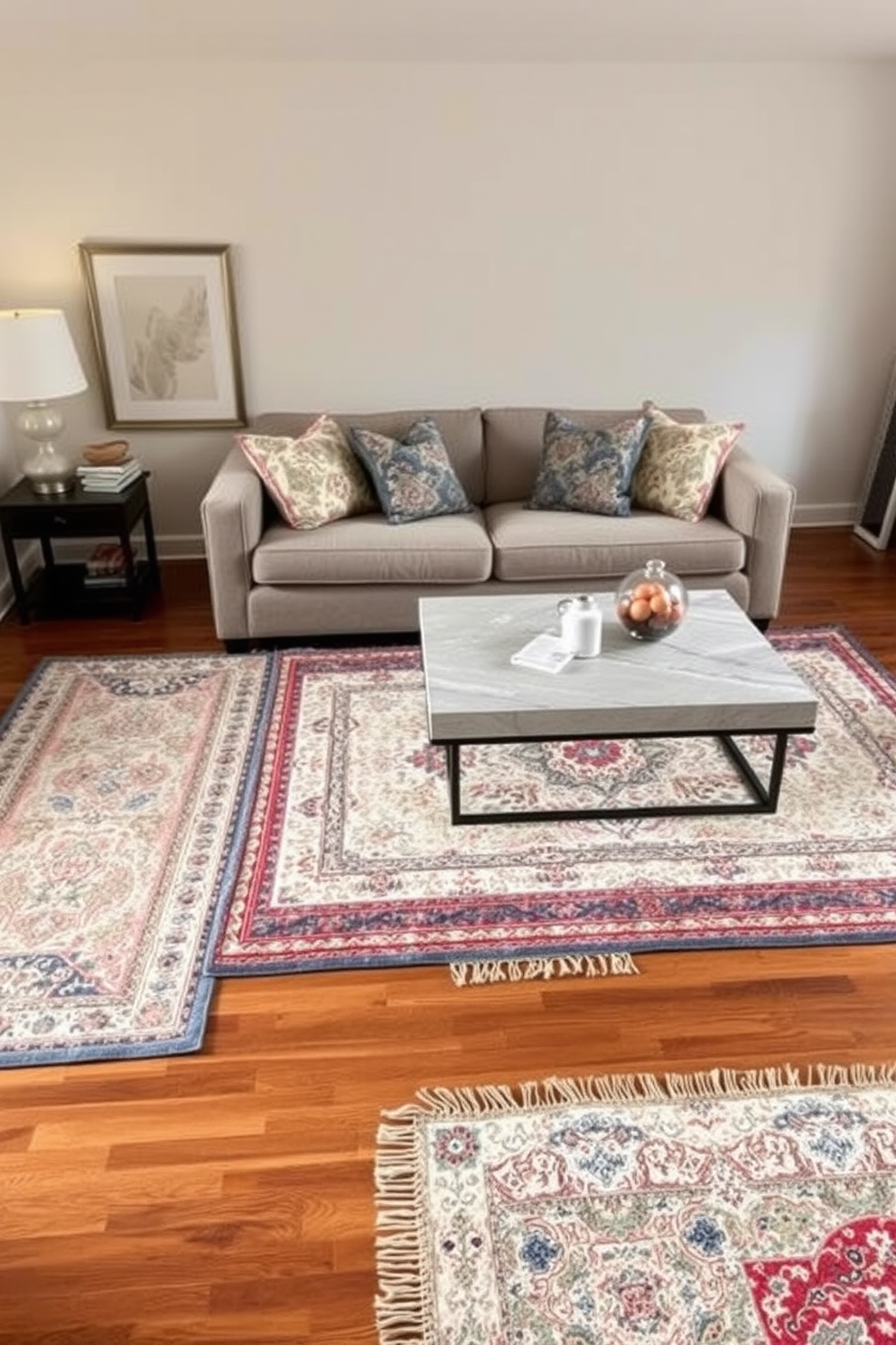 Layered rugs are artfully placed over rich hardwood flooring, creating a warm and inviting atmosphere. The combination of textures adds depth, while the natural wood tones complement the vibrant colors of the rugs. In this stylish living room design, a cozy seating arrangement features a plush sofa adorned with colorful throw pillows. A statement coffee table sits atop the layered rugs, serving as a focal point for both functionality and aesthetics.