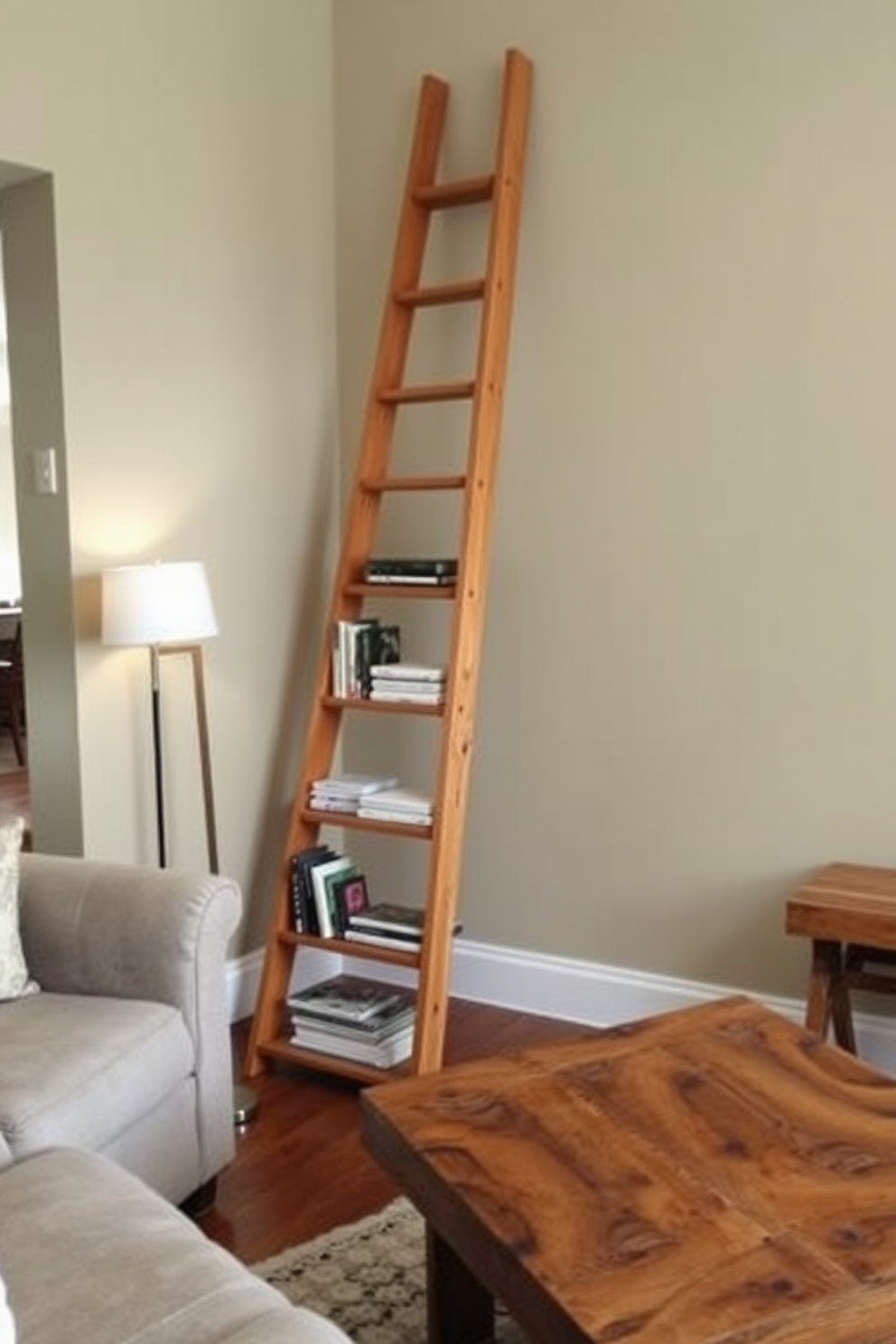 A wooden ladder leans against the wall, serving as a stylish storage solution for books and decorative items. The ladder's natural finish complements the warm tones of the wooden furniture in the living room, creating a cozy and inviting atmosphere. The living room features a mix of modern and rustic design elements, with a plush sofa and a reclaimed wood coffee table. Soft lighting from a contemporary floor lamp enhances the room's ambiance, making it perfect for relaxation and gatherings.