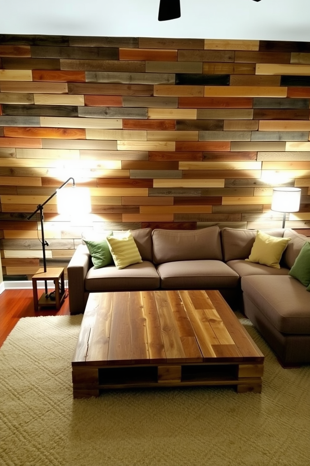 Pallet wood wall art creates a unique touch in the living room. The wall features an arrangement of reclaimed wood pieces in varying shades, adding warmth and texture to the space. The living room design incorporates a cozy sectional sofa with plush cushions. A rustic coffee table made from reclaimed wood sits in the center, complemented by soft, ambient lighting from stylish floor lamps.