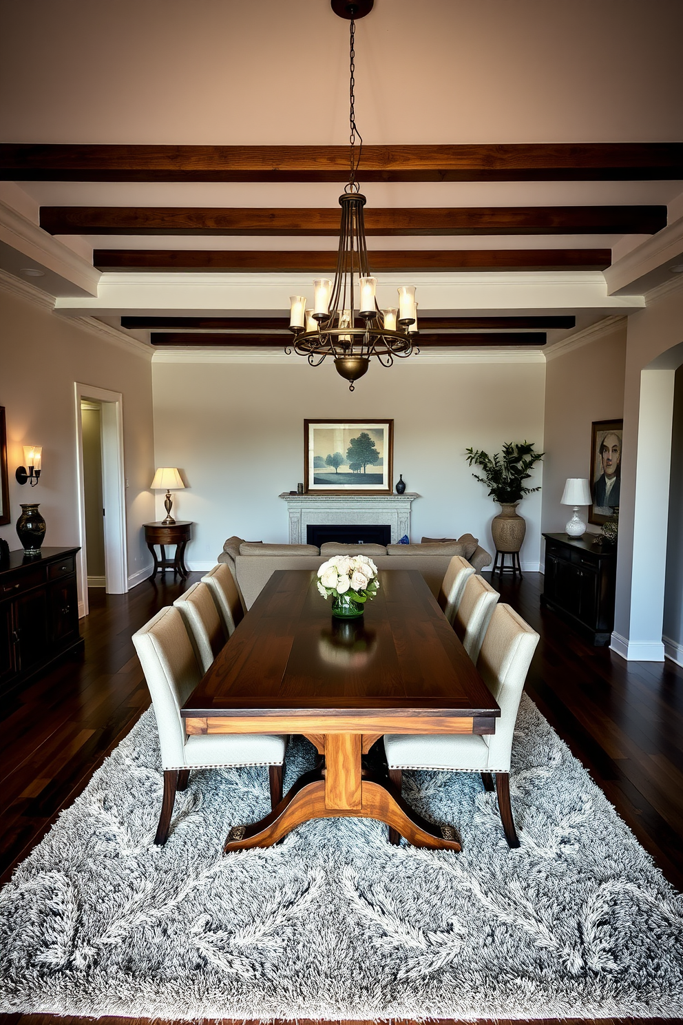 A warm and inviting living space features a large wooden dining table at its center, surrounded by comfortable upholstered chairs. The room is adorned with soft lighting from a stylish chandelier above, creating a cozy atmosphere for gatherings. The walls are painted in a light neutral tone, complementing the rich wood tones of the table. Plush area rugs define the dining area, while tasteful artwork adds character to the space.