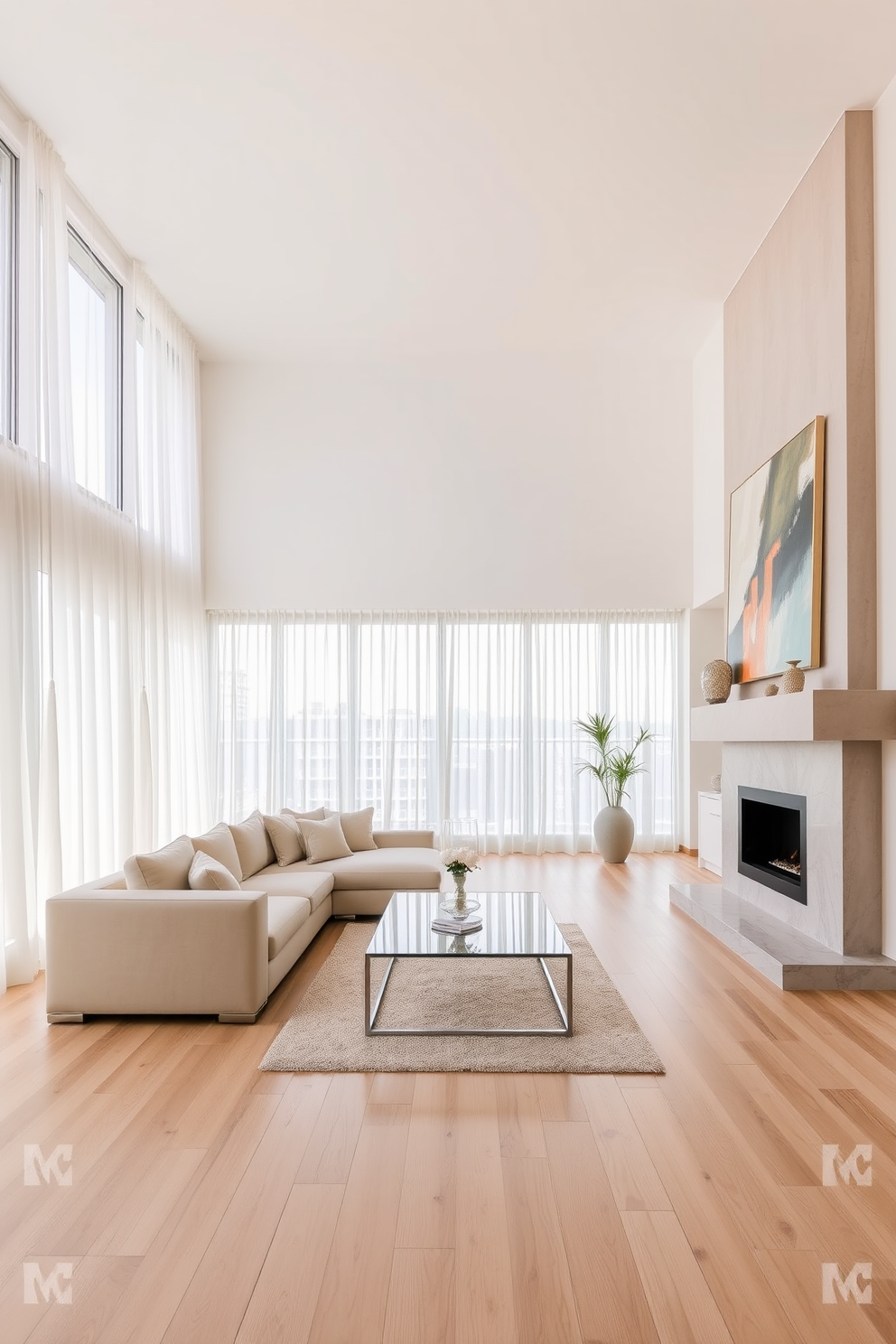 Layered wood textures create a warm and inviting atmosphere in the living room. Soft fabrics in neutral tones complement the rich wood elements, enhancing the overall comfort and sophistication of the space.