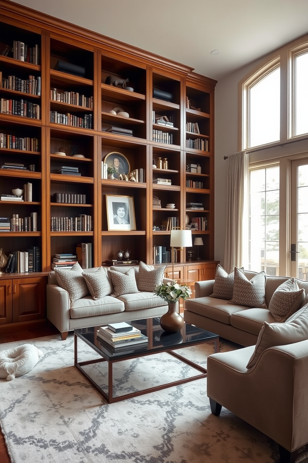 A cozy wooden living room featuring a large sectional sofa adorned with plush cushions. The walls are lined with wooden panels, and a stunning piece of wooden framed artwork hangs above the fireplace, adding visual interest. A rustic coffee table sits in the center, surrounded by a soft area rug that complements the wooden tones. Tall plants in ceramic pots are placed in the corners, bringing life and warmth to the space.