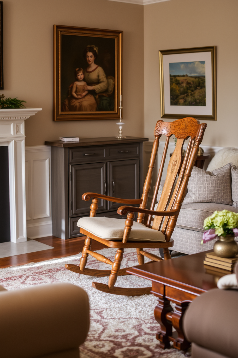 A cozy wooden rocking chair sits invitingly in a classic living room. Surrounding it are warm, neutral tones with plush textiles and a soft area rug that enhances the comfort of the space. The walls are adorned with tasteful artwork that reflects timeless elegance. A classic coffee table made of rich wood complements the rocking chair, creating a harmonious focal point in the room.