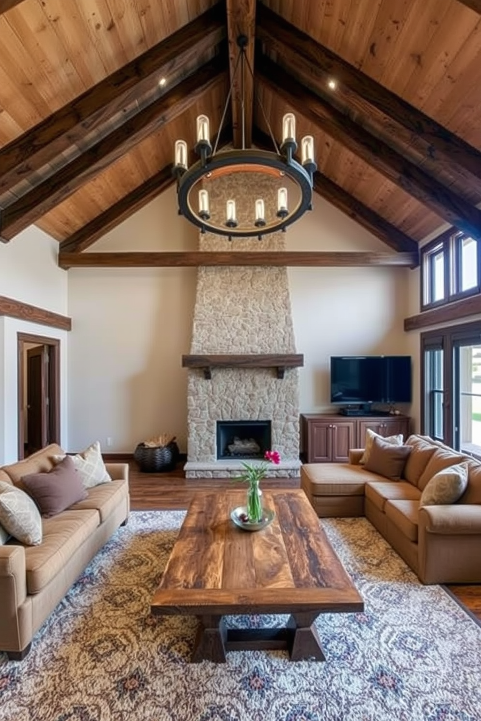 A rustic wood chandelier hangs majestically from the ceiling, casting a warm glow across the room. Below, a cozy living room features a large sectional sofa adorned with earthy-toned cushions, complemented by a reclaimed wood coffee table at the center. The walls are lined with exposed wooden beams, enhancing the rustic charm of the space. A stone fireplace serves as a focal point, surrounded by comfortable seating and a plush area rug that ties the room together.