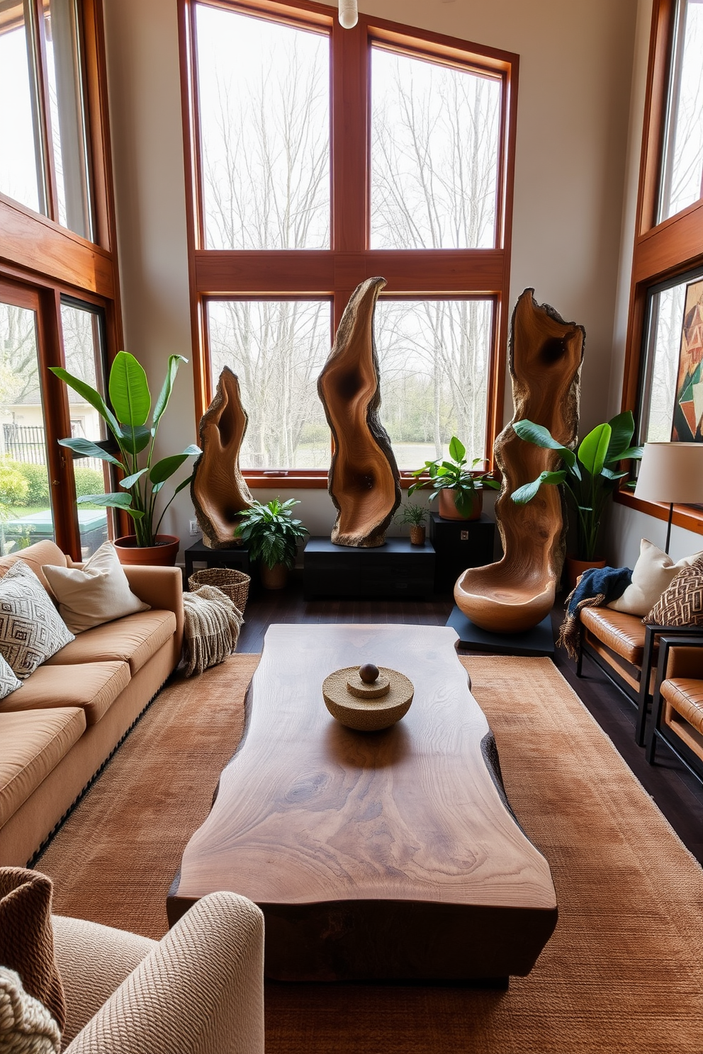 A cozy living room featuring natural wood sculptures as focal decor pieces. The space is adorned with a large wooden coffee table, complemented by plush seating in earthy tones and a warm area rug. The walls are lined with large windows that allow natural light to flood the room, highlighting the textures of the wood. Green plants are strategically placed to enhance the organic feel, creating a harmonious blend of nature and comfort.