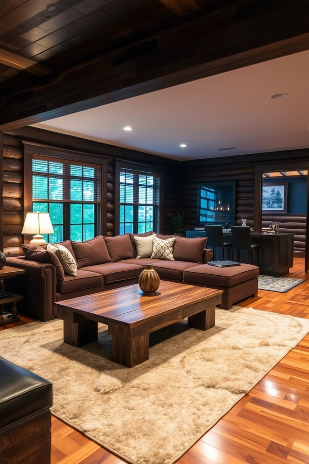 A cozy living room featuring dark wood accents that create a warm and inviting atmosphere. The space includes a plush sectional sofa in a rich fabric, complemented by a rustic coffee table made from reclaimed wood. Soft ambient lighting highlights the dark wood elements, enhancing the overall comfort of the room. A large area rug anchors the seating area, adding texture and warmth to the hardwood floor.