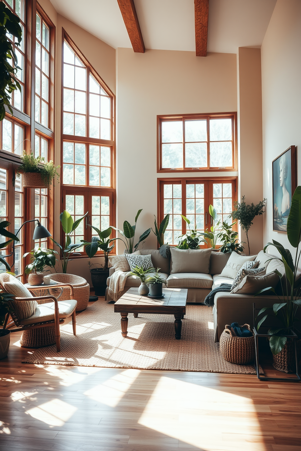 A spacious living room with a wooden ceiling fan that creates an airy vibe. The room features a large sectional sofa in a light fabric, complemented by a rustic wooden coffee table and a woven area rug.