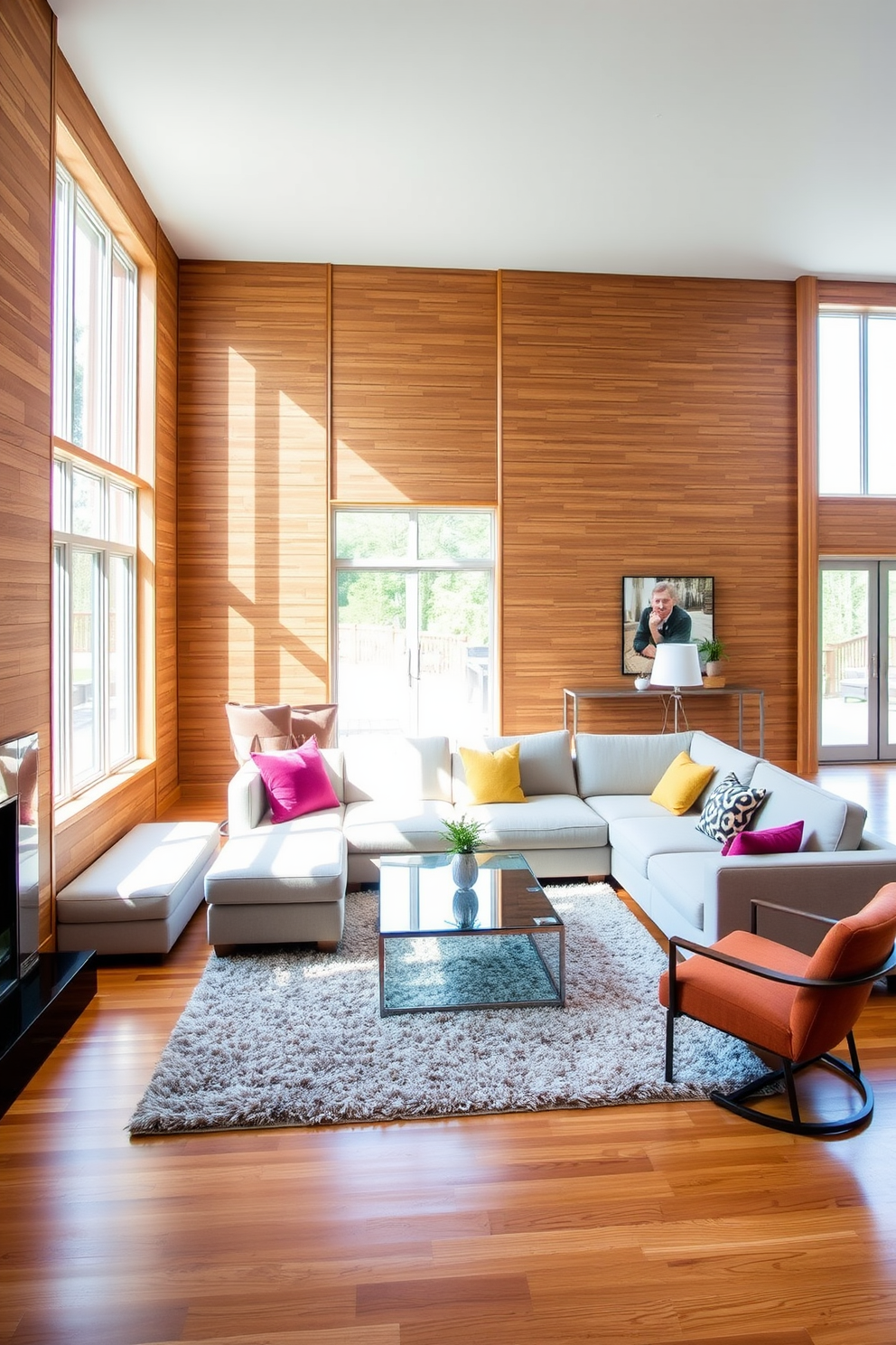 A cozy living room filled with natural light streaming through large wooden window frames. The space features a plush sectional sofa in a warm beige tone, accented by colorful throw pillows and a stylish area rug. A rustic wooden coffee table sits at the center, surrounded by elegant armchairs. The walls are adorned with tasteful artwork, and a floor lamp adds a touch of modernity to the inviting atmosphere.