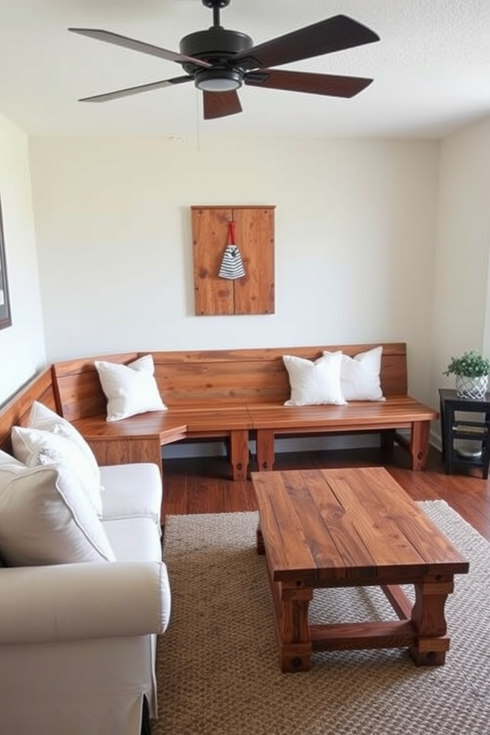 Create a cozy living room featuring wooden benches that provide extra seating options. The benches are adorned with soft cushions and are strategically placed around a rustic coffee table made from reclaimed wood.