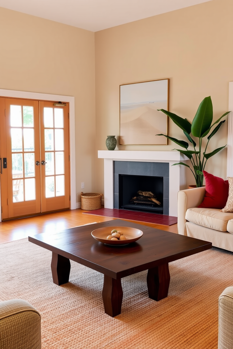 A cozy living room featuring earthy tones with a rich brown wooden coffee table at the center. The walls are adorned with soft beige paint, complemented by a large green plant in the corner and a textured rug that adds warmth to the space.