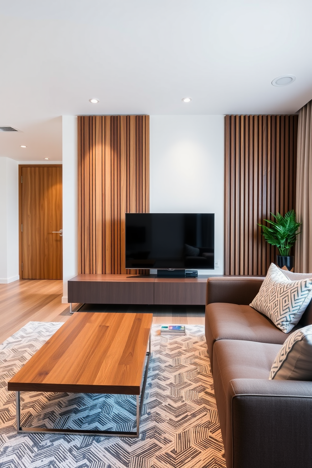 A modern living room featuring wooden accents. The space includes a sleek wooden coffee table and a stylish wooden accent wall, creating a warm and inviting atmosphere.