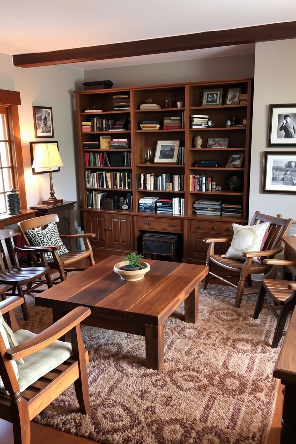 A cozy living room filled with vintage wood furniture that evokes a sense of nostalgia. The centerpiece is a large reclaimed wood coffee table surrounded by mismatched wooden chairs and a plush, patterned area rug. On one wall, a rustic wooden bookshelf displays an assortment of books and decorative items. Soft, warm lighting from an antique floor lamp creates an inviting atmosphere, while framed black-and-white photographs adorn the walls.