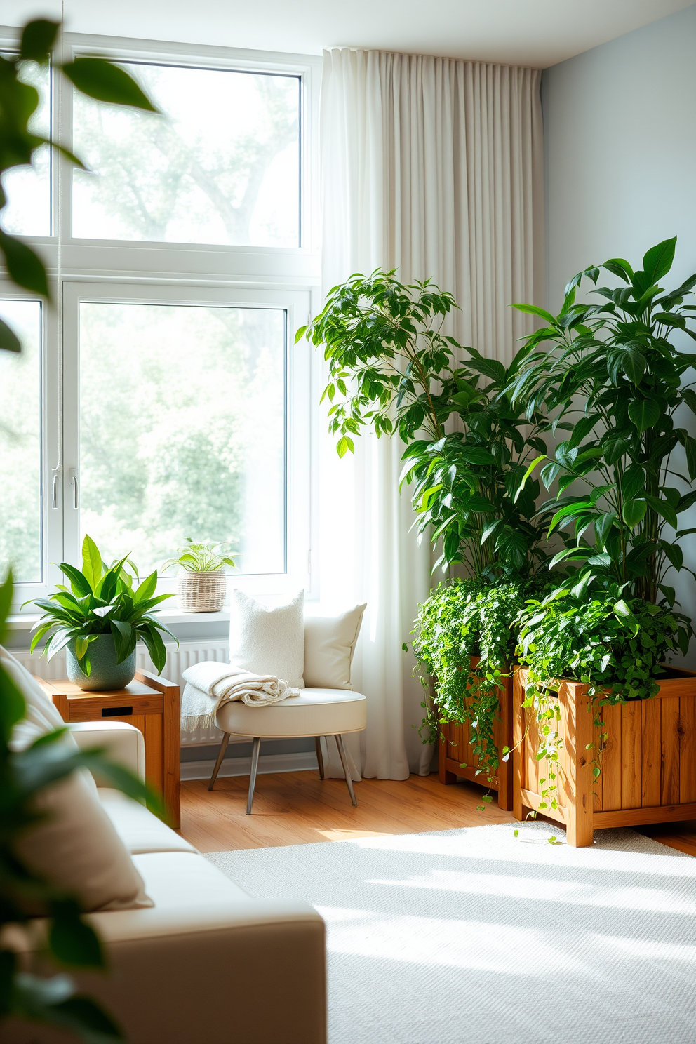 A serene living room filled with natural light. The space features wooden planters overflowing with lush indoor greenery, creating a refreshing atmosphere. The wooden planters are strategically placed near large windows, enhancing the connection to nature. Soft, neutral furnishings complement the warm tones of the wood, inviting relaxation and comfort.