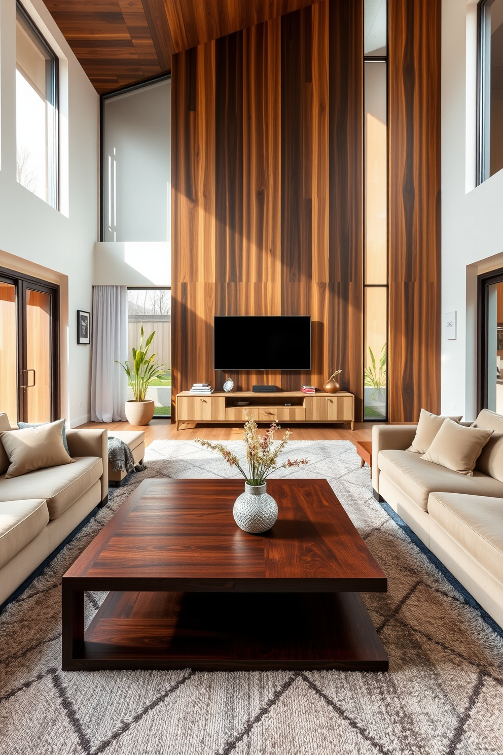 A stylish living room that harmoniously blends dark and light wood tones. The space features a rich mahogany coffee table paired with a light oak entertainment unit, creating a warm yet modern atmosphere. Floor-to-ceiling windows allow natural light to flood the room, highlighting the contrasting wood textures. Plush beige sofas are arranged around the coffee table, complemented by a cozy area rug that ties the design together.