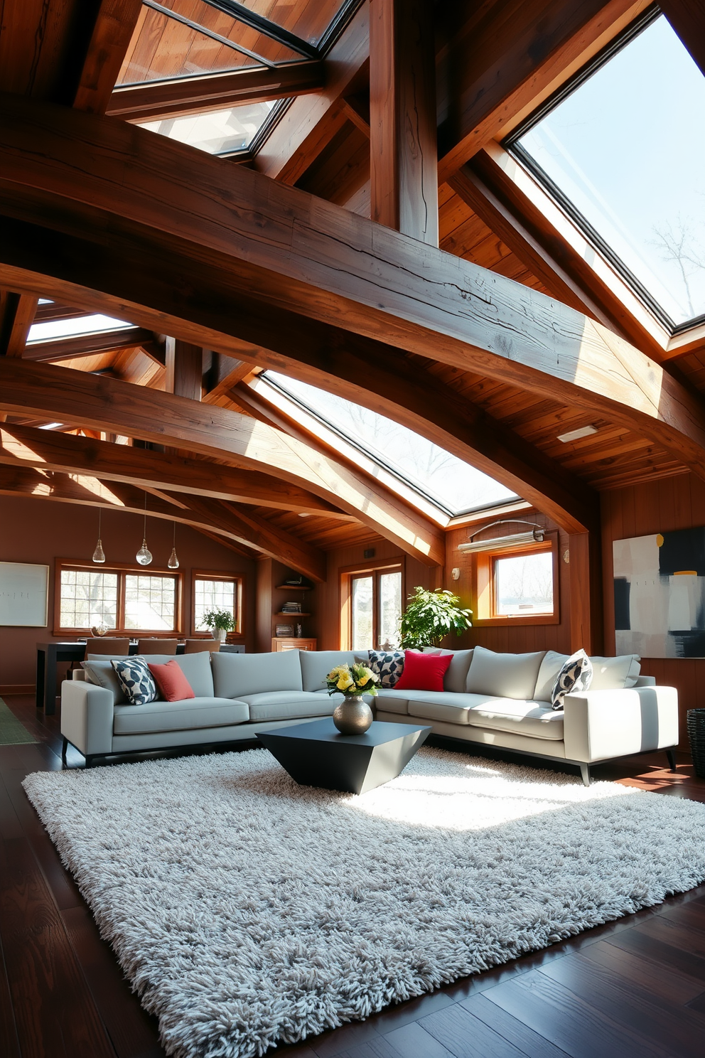 A cozy living room featuring exposed wooden beams that add warmth and character to the space. The decor is modern, with a sleek sectional sofa in neutral tones, complemented by a geometric coffee table and vibrant accent cushions. Natural light floods the room through large windows, highlighting the rich textures of the wooden beams and the contemporary artwork on the walls. A plush area rug anchors the seating arrangement, creating an inviting atmosphere for relaxation and gatherings.