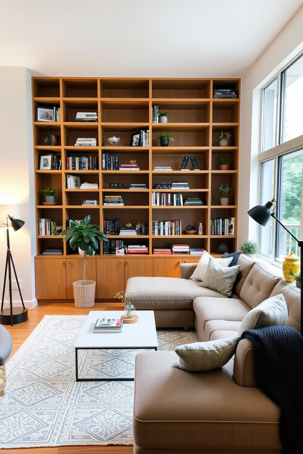 Open shelving with a natural wood finish lines the walls of a cozy living room. The shelves are filled with a curated collection of books, plants, and decorative objects that add warmth and personality to the space. A plush sectional sofa in a neutral tone is positioned in front of a modern coffee table. The room is illuminated by a combination of natural light from large windows and soft ambient lighting from stylish floor lamps.