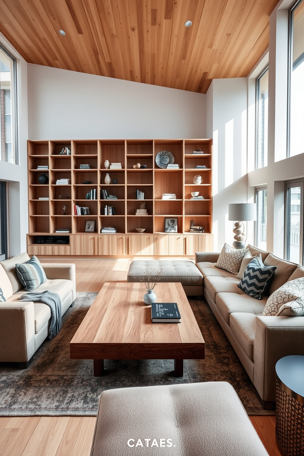 A natural wood color palette creates a warm and inviting atmosphere in the living room. The design features a large wooden coffee table surrounded by a plush sectional sofa upholstered in neutral tones. Floor-to-ceiling windows allow natural light to flood the space, highlighting the rich textures of the wooden elements. A statement wooden bookshelf showcases curated decor and adds depth to the room's aesthetic.