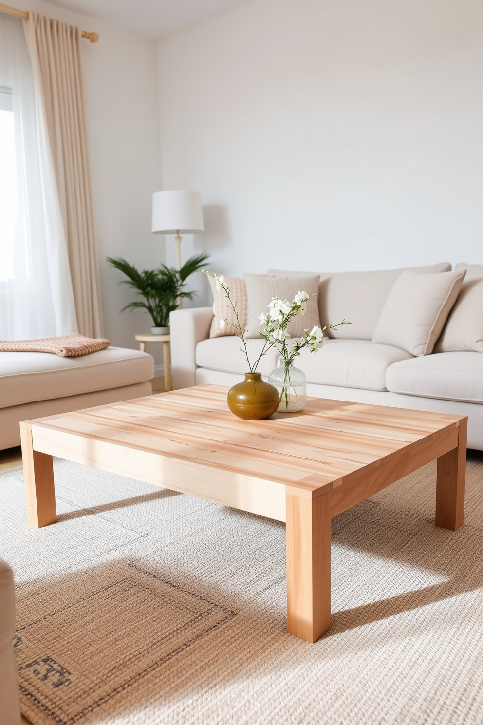 A wooden coffee table with a minimalist design sits at the center of a bright living room. The table features clean lines and a natural finish, complementing the soft neutral tones of the surrounding decor. The living room is designed with a focus on simplicity and functionality. A plush sofa in a light color is paired with accent pillows, creating a cozy yet modern atmosphere.