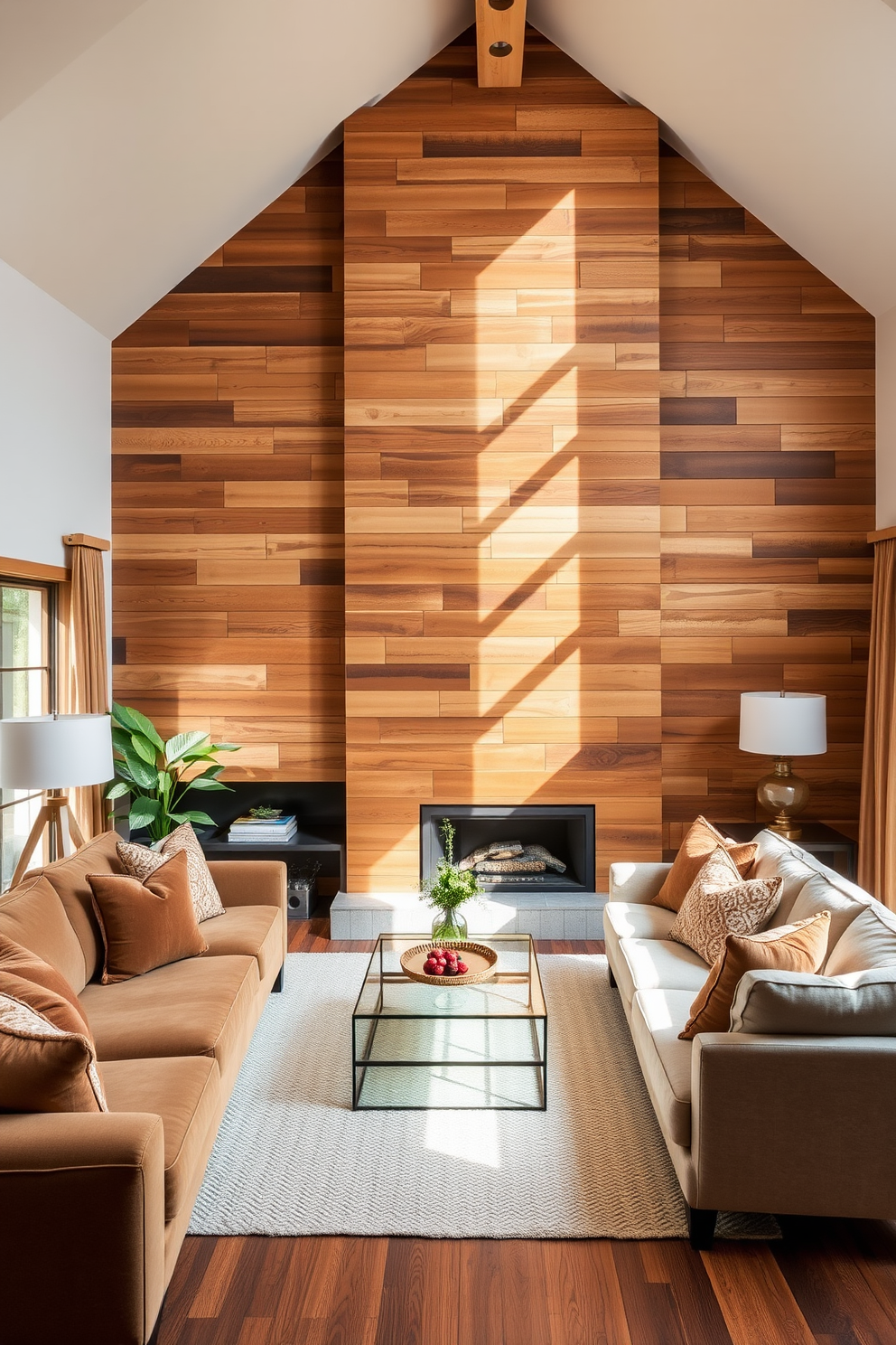 A stunning living room featuring an accent wall adorned with reclaimed wood panels. The space is filled with warm natural light and complemented by plush furniture in earthy tones.