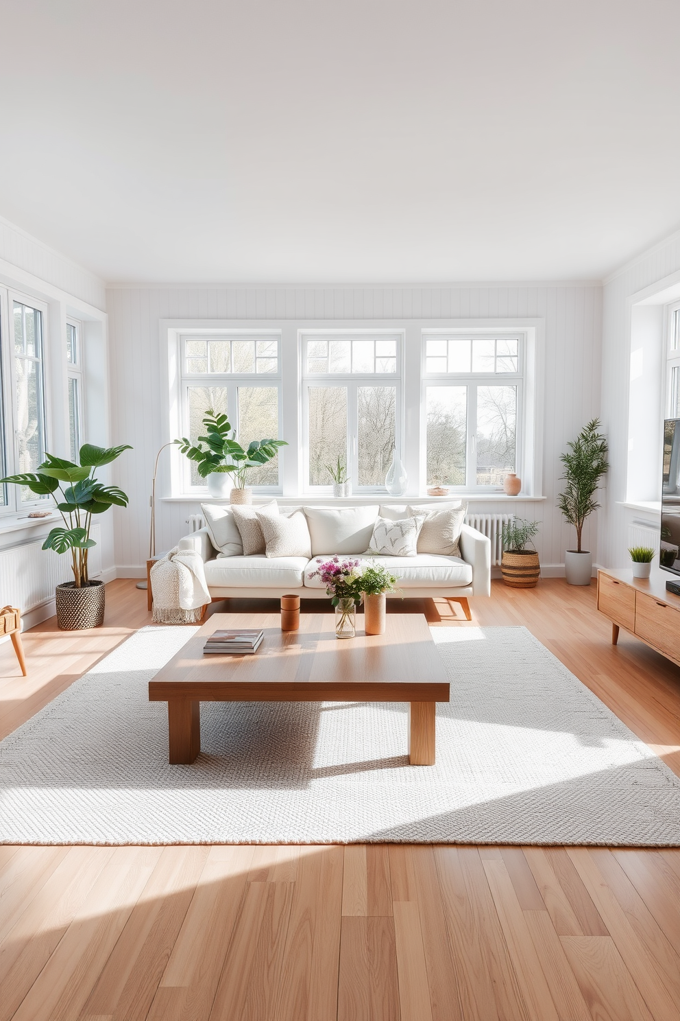 A cozy living room featuring a stunning wooden accent wall with a shiplap design. The wall is painted in a soft white color, providing a beautiful contrast to the rich wood tones. The room is furnished with a plush sectional sofa in a neutral fabric, complemented by a pair of stylish armchairs. A large area rug anchors the seating arrangement, while a modern coffee table sits at the center, adorned with decorative books and a vase of fresh greenery.