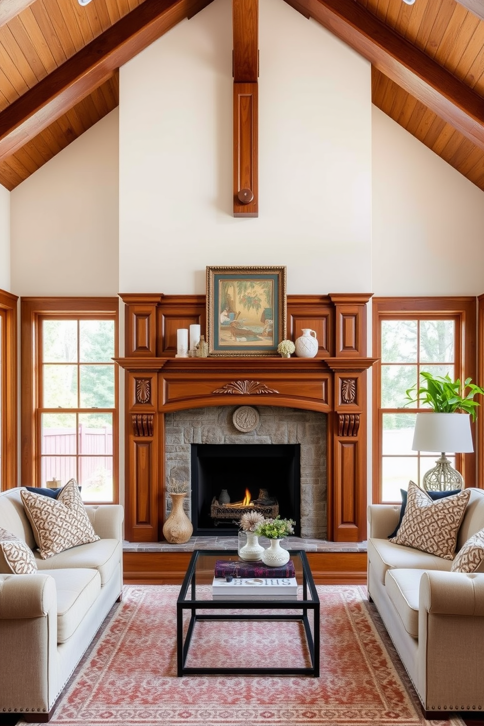 Cozy wooden benches are arranged around a rustic coffee table in a warm living room setting. The walls are adorned with soft, neutral tones, and a plush area rug adds comfort underfoot. Natural light floods the space through large windows, highlighting the rich textures of the wooden furniture. Decorative throw pillows in earthy colors enhance the inviting atmosphere, making it perfect for relaxation and socializing.