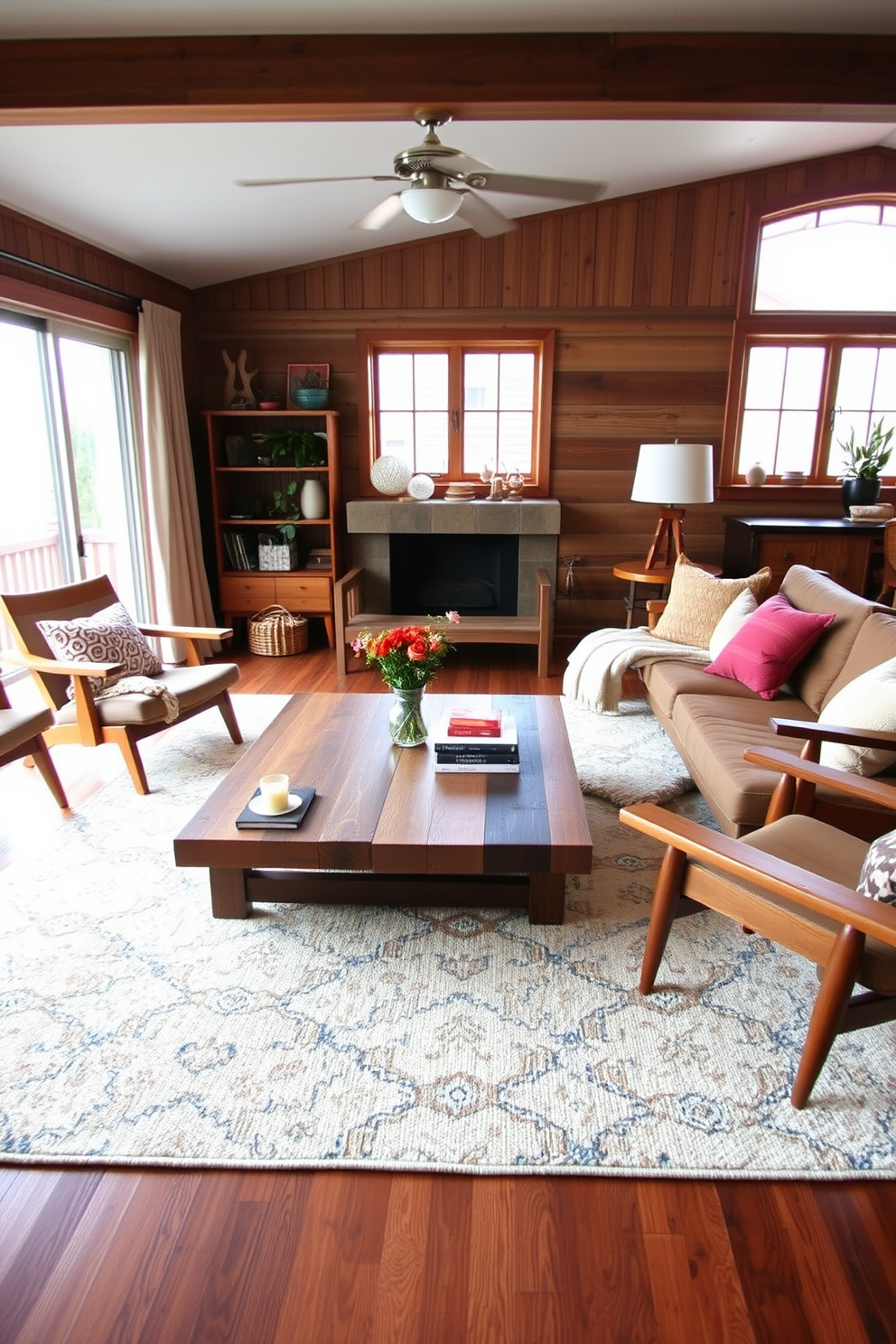 A cozy living room featuring mixed wood furniture creates an eclectic and inviting atmosphere. The arrangement includes a reclaimed wood coffee table paired with a mid-century modern sofa and accent chairs in various wood finishes. Soft textiles in warm colors complement the wooden elements, while a large area rug ties the space together. Natural light floods the room through oversized windows, enhancing the warmth of the wood tones.