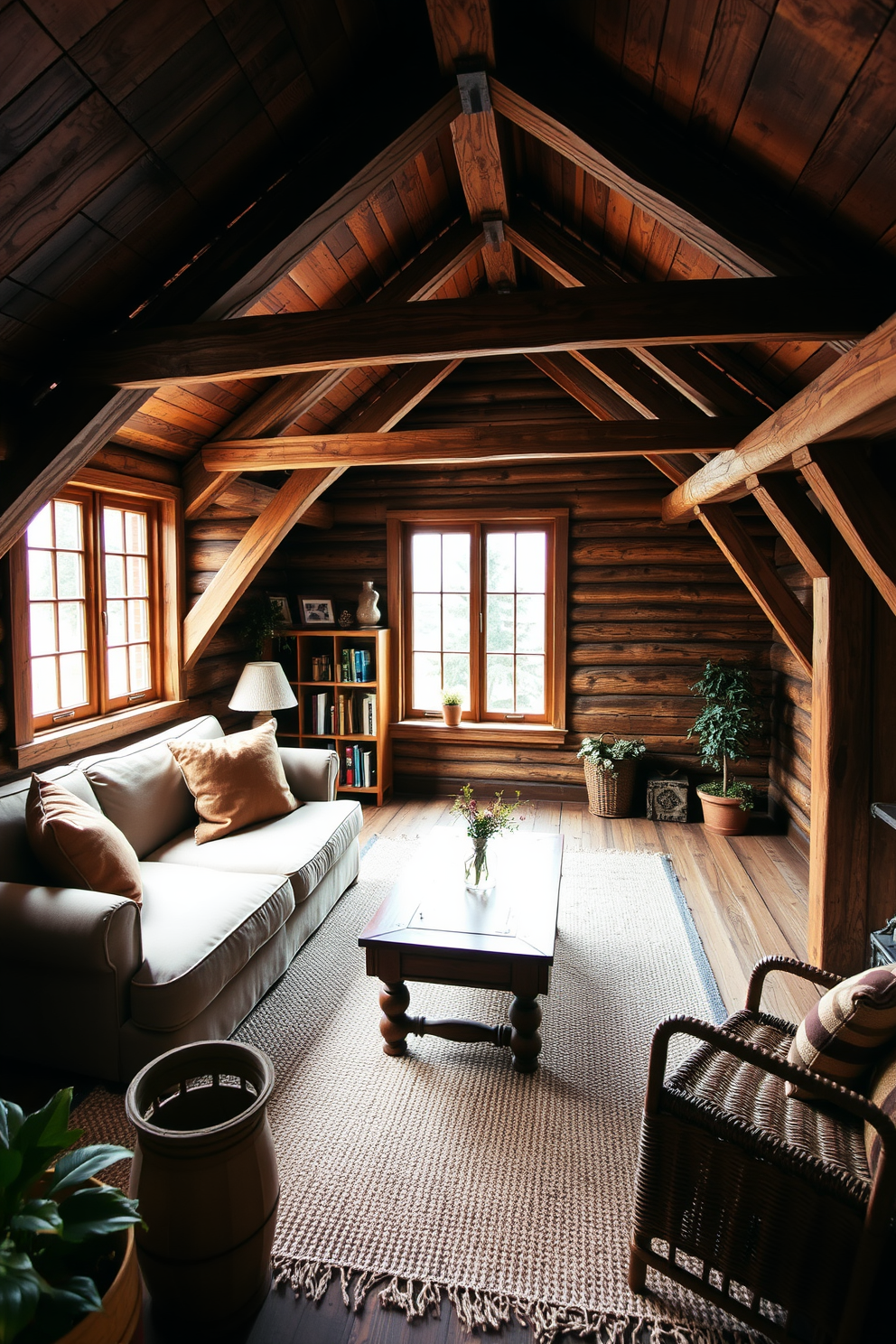 Cozy wooden beams stretch across the ceiling, creating a warm and inviting atmosphere. Soft lighting fixtures are strategically placed to enhance the natural beauty of the wood while providing a gentle glow. The attic room features plush furnishings in earthy tones, complemented by textured blankets and cushions. Large windows allow natural light to flood the space, showcasing the charming wooden details and creating a serene retreat.