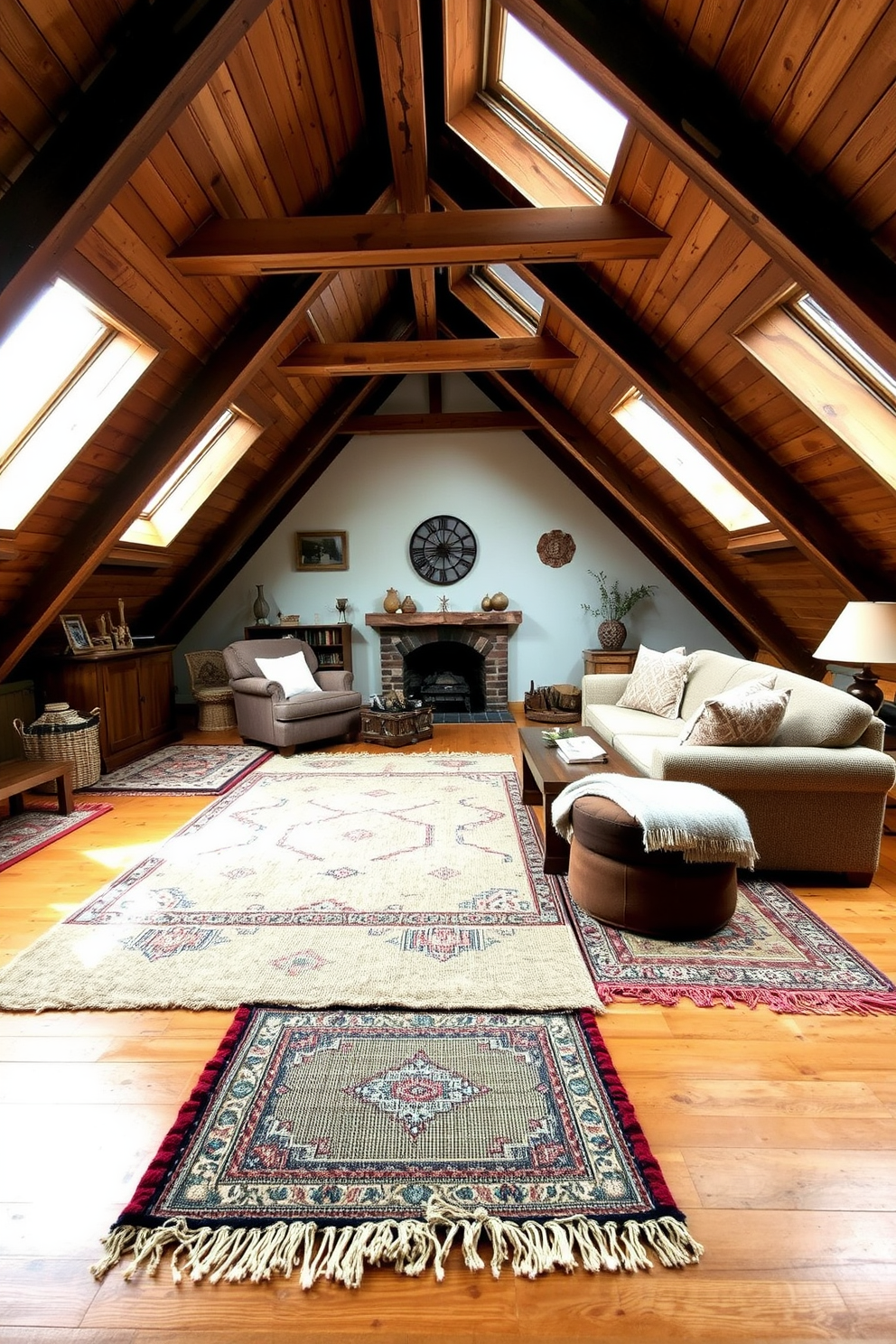 Layered rugs create a cozy atmosphere in a wooden attic room. The design features various textures and colors, with a large neutral base rug topped by smaller, patterned rugs for added depth. The wooden beams of the attic are exposed, adding character and warmth to the space. Natural light filters in through skylights, illuminating the rustic furnishings and inviting decor elements throughout the room.