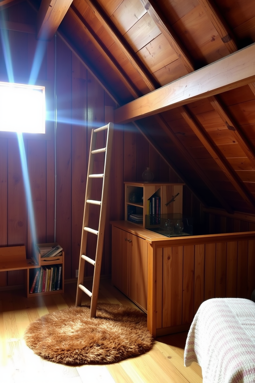 A cozy wooden attic room features a wooden ladder leaning against a rustic wall, serving as a decorative piece that adds charm and character. The space is illuminated by natural light streaming through a small window, highlighting the warm tones of the wooden beams and floor. The room is furnished with a plush area rug and a comfortable reading nook, inviting relaxation and creativity. A small bookshelf sits beside the ladder, filled with books and decorative items that enhance the inviting atmosphere.