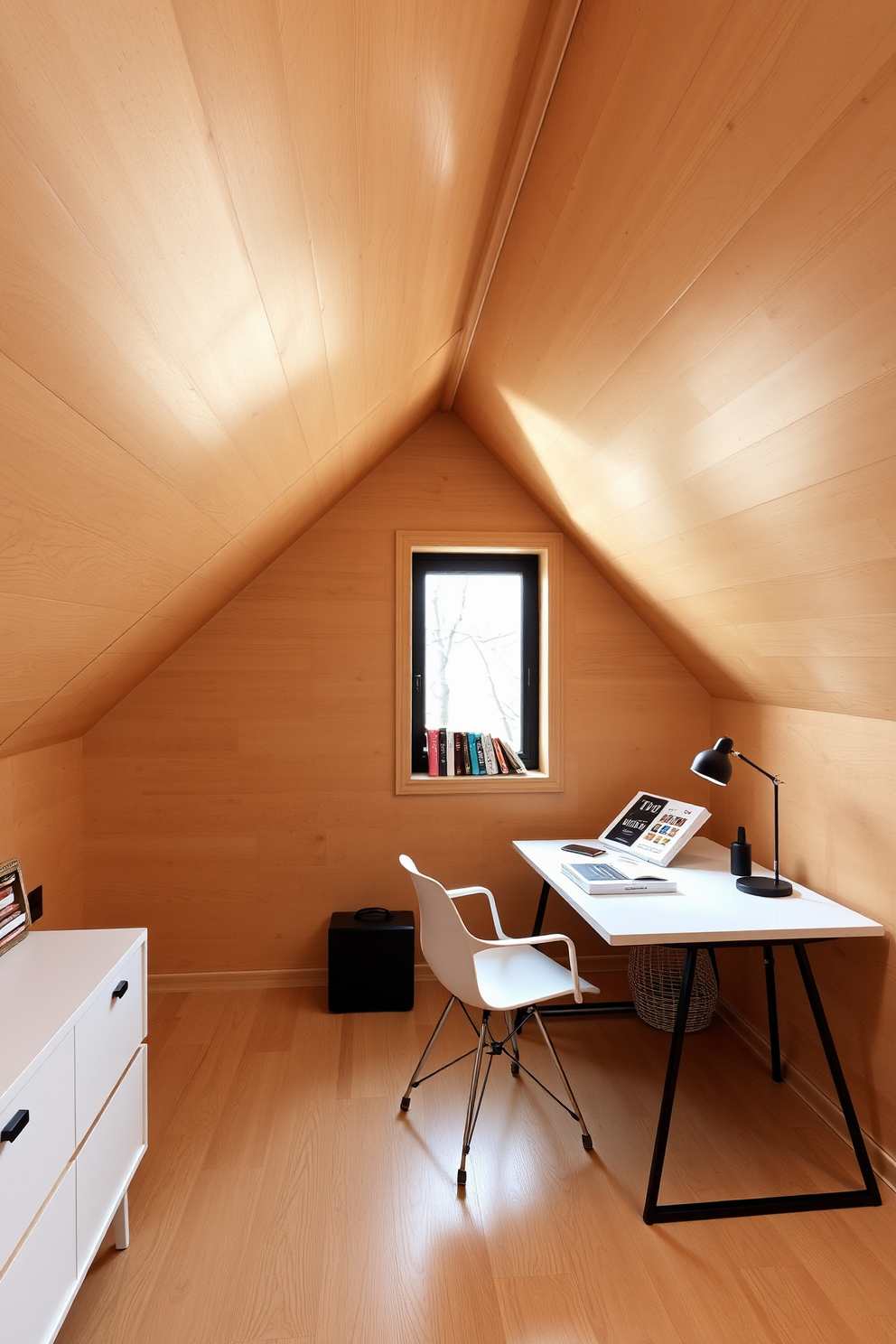 A modern attic room featuring plywood walls creates a warm and inviting atmosphere. The space is adorned with minimalist furniture, including a sleek desk and a cozy reading nook by the window.