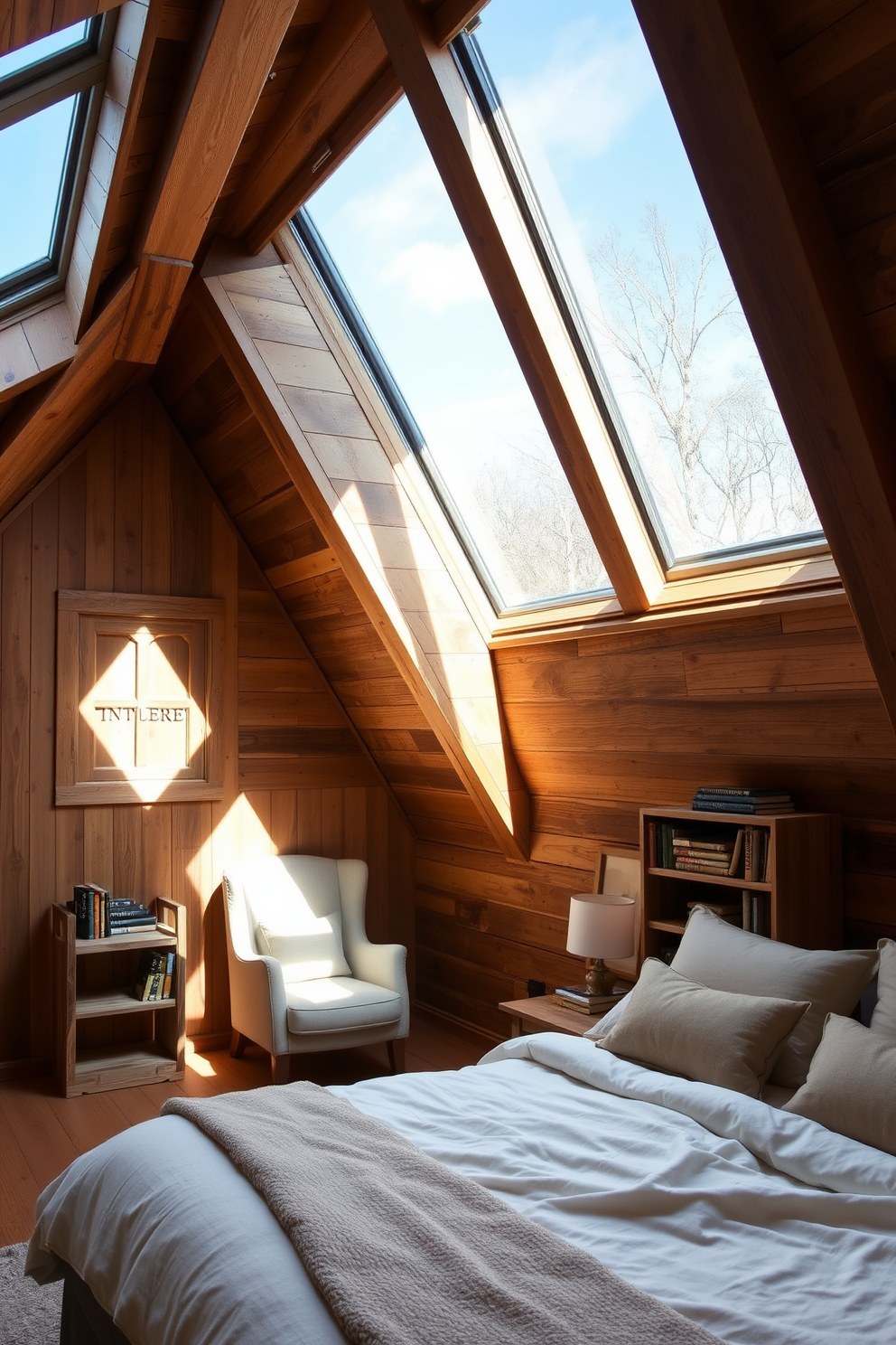 A cozy attic room featuring reclaimed wood beams and paneling, creating a warm and inviting atmosphere. Large skylights allow natural light to flood the space, highlighting the rustic charm of the wooden accents. The room is furnished with a comfortable reading nook, complete with a plush armchair and a small bookshelf made from reclaimed materials. Soft, neutral textiles adorn the bed, enhancing the eco-friendly design while maintaining a stylish aesthetic.