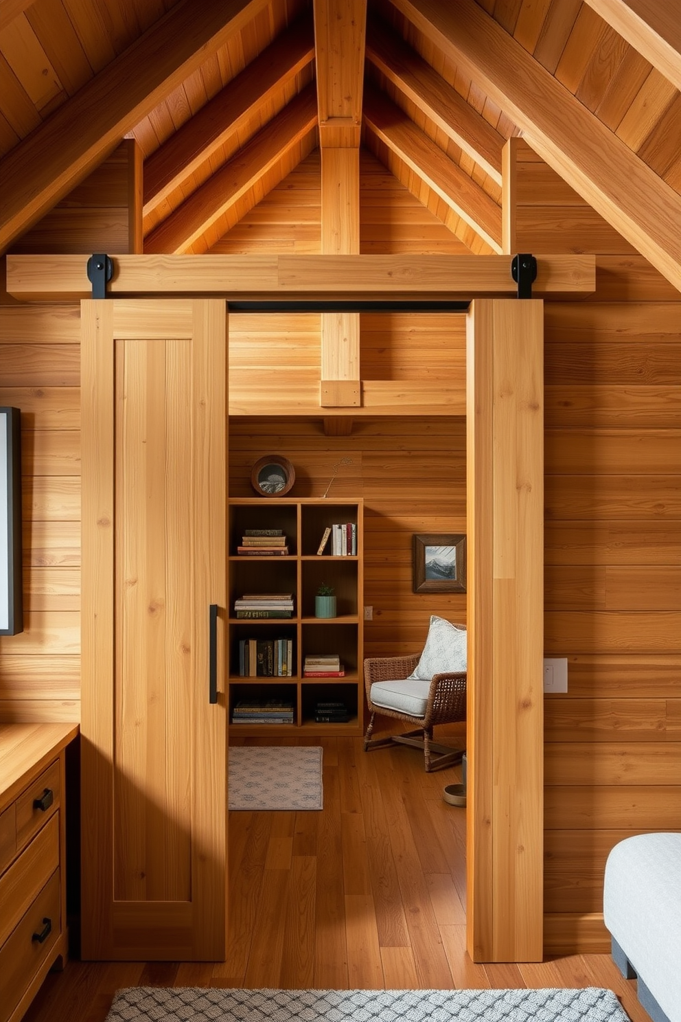 A cozy wooden attic room featuring integrated storage solutions that blend seamlessly with the sloped ceiling. The room includes built-in shelves and cabinets crafted from natural wood, providing ample space for books and personal items while maintaining a clean aesthetic. The design incorporates a comfortable reading nook with a plush armchair positioned near a window. Soft lighting from pendant fixtures enhances the warm atmosphere, creating an inviting retreat for relaxation and creativity.