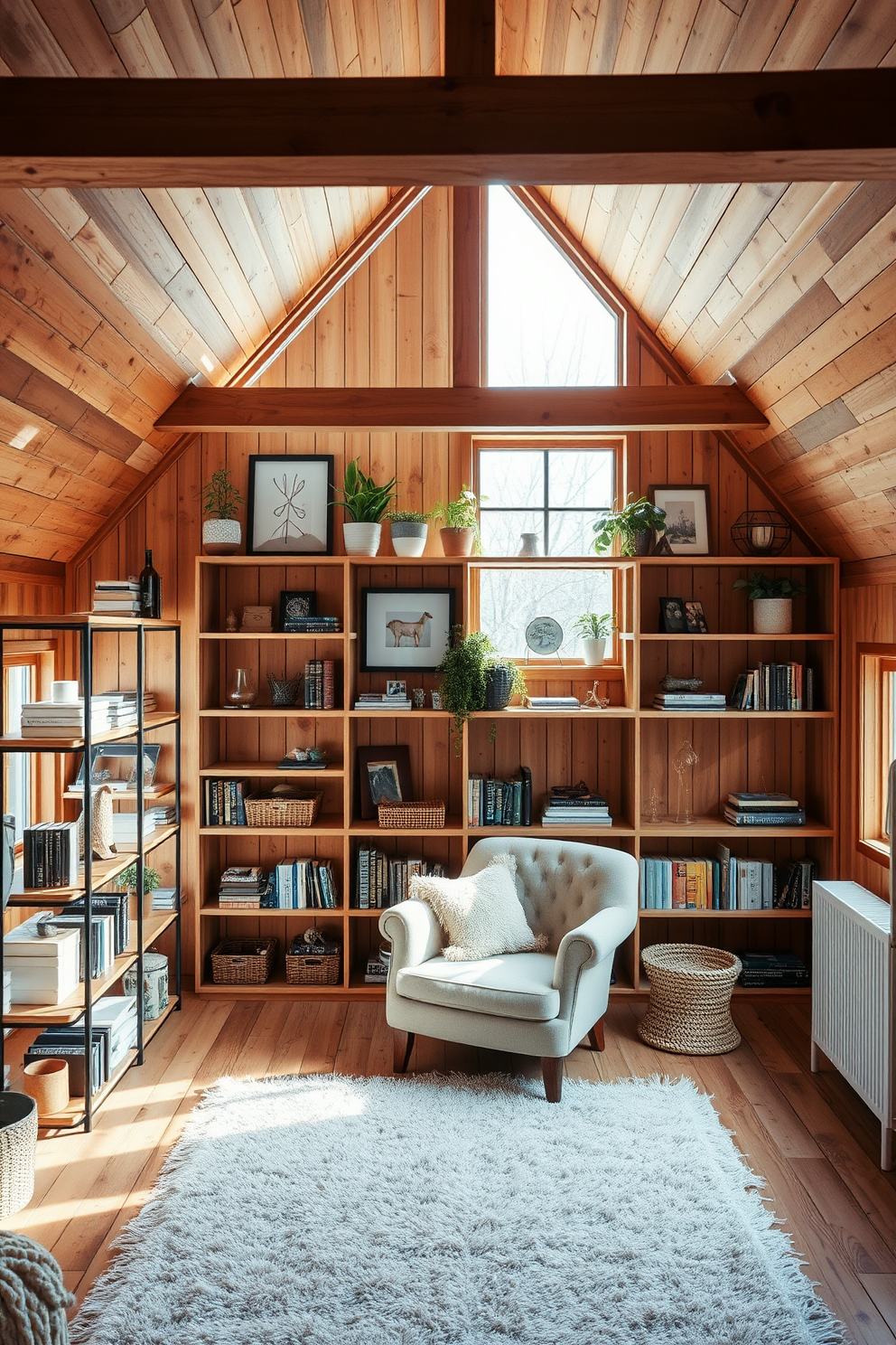 Open wooden shelving for display creates a warm and inviting atmosphere in the room. The shelves are filled with carefully curated decor items, books, and plants that add personality and charm. The wooden attic room is designed with sloped ceilings and large windows that let in natural light. Cozy furnishings, such as a plush armchair and a soft rug, complement the rustic elements of the space.