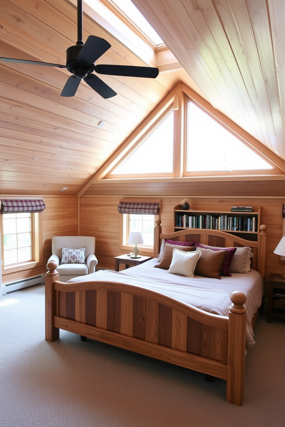 A cozy attic room features a wooden bed frame that exudes warmth and comfort. The walls are lined with soft, rustic wood paneling, and large windows allow natural light to fill the space. The bed is adorned with plush bedding in earthy tones, creating an inviting atmosphere. A small reading nook is set up in one corner, complete with a comfortable armchair and a bookshelf filled with favorite novels.