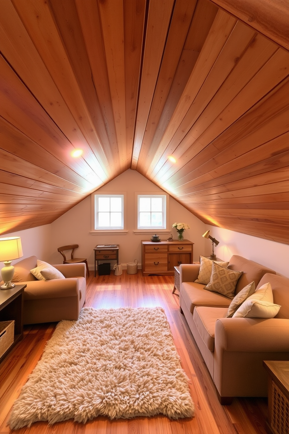 A cozy attic room featuring wooden ceiling planks that add visual interest and warmth to the space. The design incorporates soft lighting and comfortable furnishings to create an inviting atmosphere. The walls are painted in a light, airy color to enhance the natural light coming through the windows. A plush area rug is placed on the floor to add texture and comfort, complementing the wooden elements of the room.