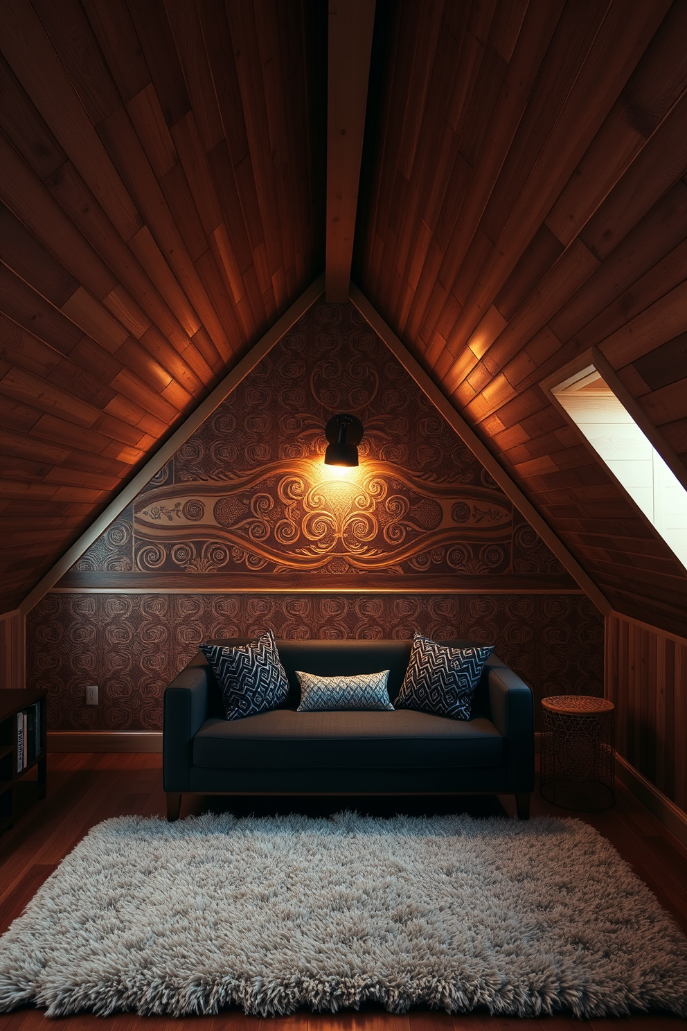 A cozy wooden attic room featuring an accent wall adorned with intricate patterned wood panels. The room is illuminated by soft, warm lighting, and a plush area rug lies beneath a stylish seating arrangement.