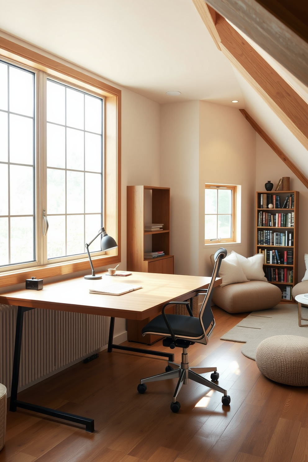 A stylish wooden desk is positioned against a large window, allowing natural light to flood the workspace. The desk features sleek lines and a polished finish, complemented by a comfortable ergonomic chair. The attic room is designed with exposed wooden beams and soft, warm lighting. Cozy seating areas are created with plush cushions and a small bookshelf filled with inspiring reads.