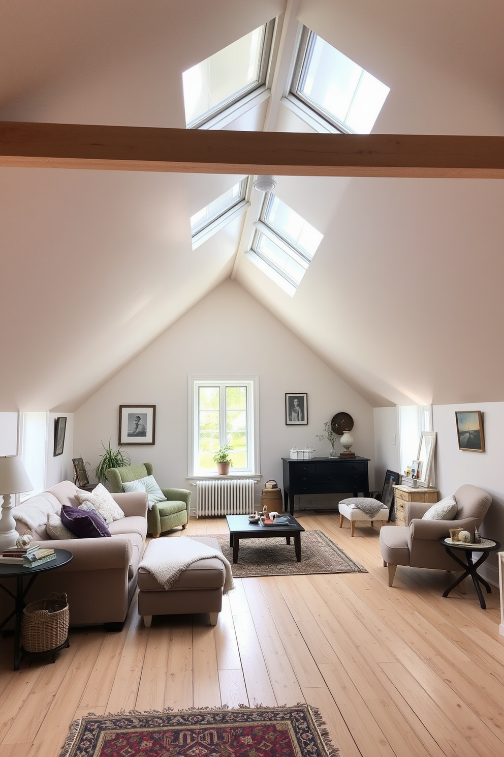 A cozy wooden attic room featuring rustic wood paneling that adds warmth and character. The space is adorned with a plush area rug, comfortable seating, and soft ambient lighting to create an inviting atmosphere.