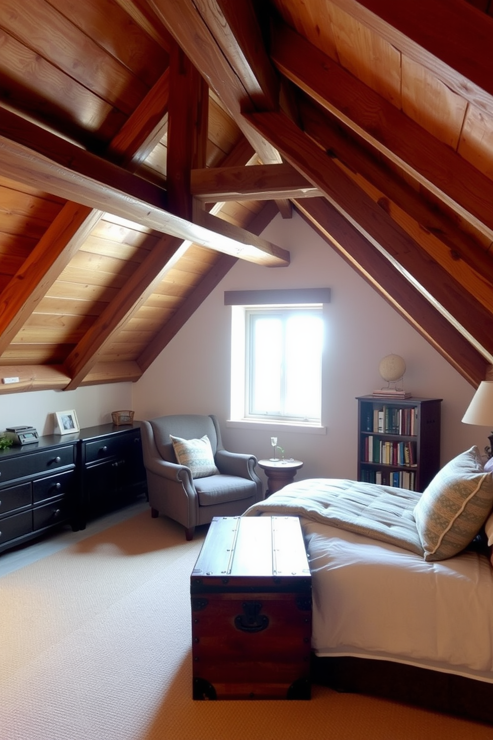 A cozy wooden attic room featuring exposed beams and warm wood paneling. The space is accented with sleek metal furniture pieces, including a stylish desk and modern light fixtures. Large windows allow natural light to flood the room, illuminating the rich textures of the wood and metal. A plush area rug adds comfort underfoot, creating a perfect reading nook by the window.