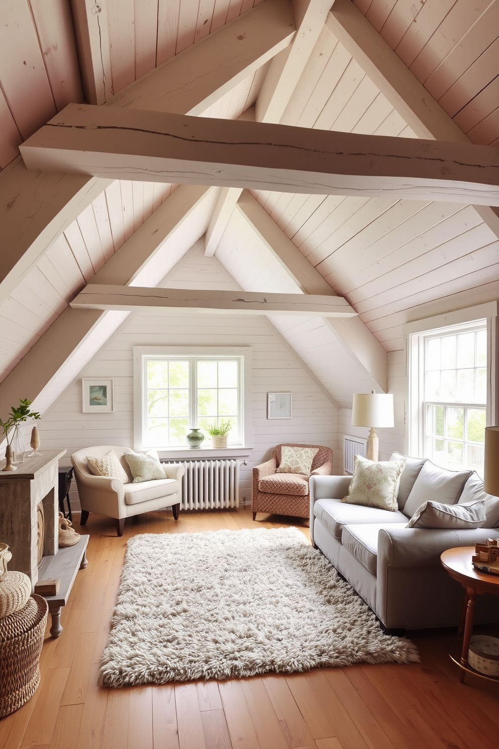 A stylish bedroom featuring a wooden headboard that adds warmth and character to the space. The bedding is layered with plush textures and neutral tones, creating a cozy and inviting atmosphere. An enchanting wooden attic room designed with sloped ceilings and rustic beams. The decor includes a mix of vintage furniture and soft textiles, enhancing the charm of this unique living space.