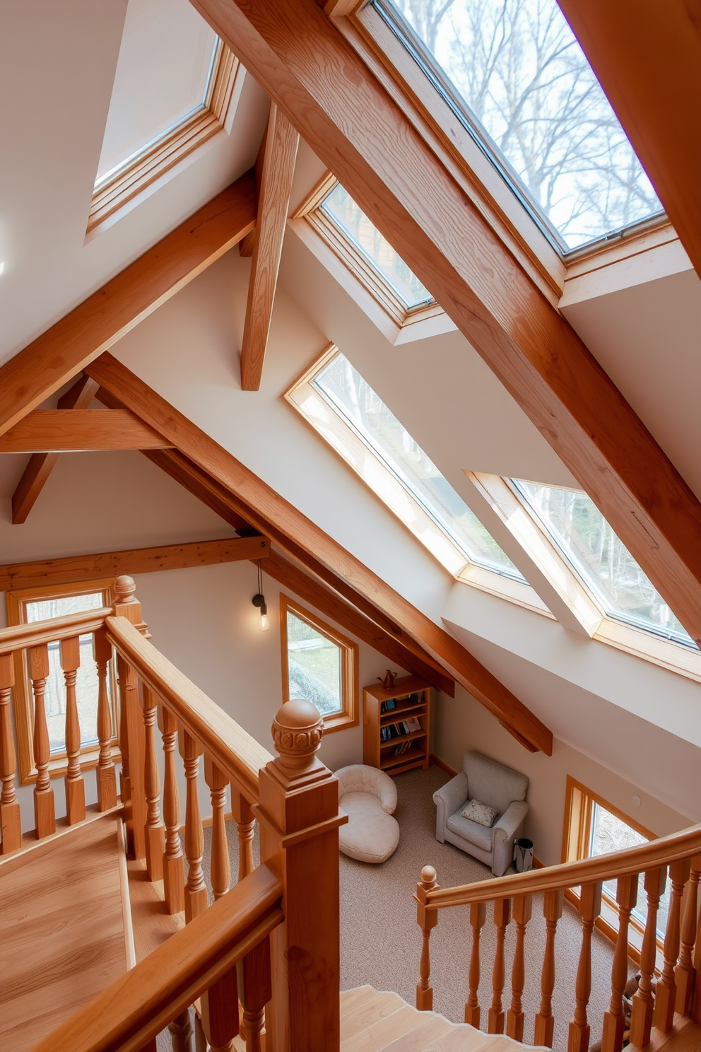 A wooden staircase with intricate balustrades ascends to a cozy attic space. The attic features exposed wooden beams and large skylights that flood the room with natural light. The design includes a comfortable reading nook with a plush armchair and a small bookshelf. Soft, warm lighting fixtures are strategically placed to create an inviting atmosphere.