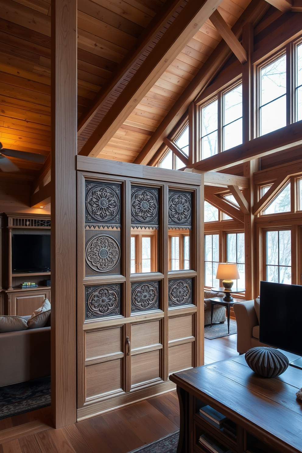 A cozy wooden partition divides the living space into separate areas, creating a sense of intimacy and warmth. The partition features intricate carvings and is complemented by soft lighting that enhances its natural beauty. In the wooden attic room, exposed beams add character and charm to the design. Large windows allow natural light to flood the space, highlighting the rustic furnishings and inviting atmosphere.