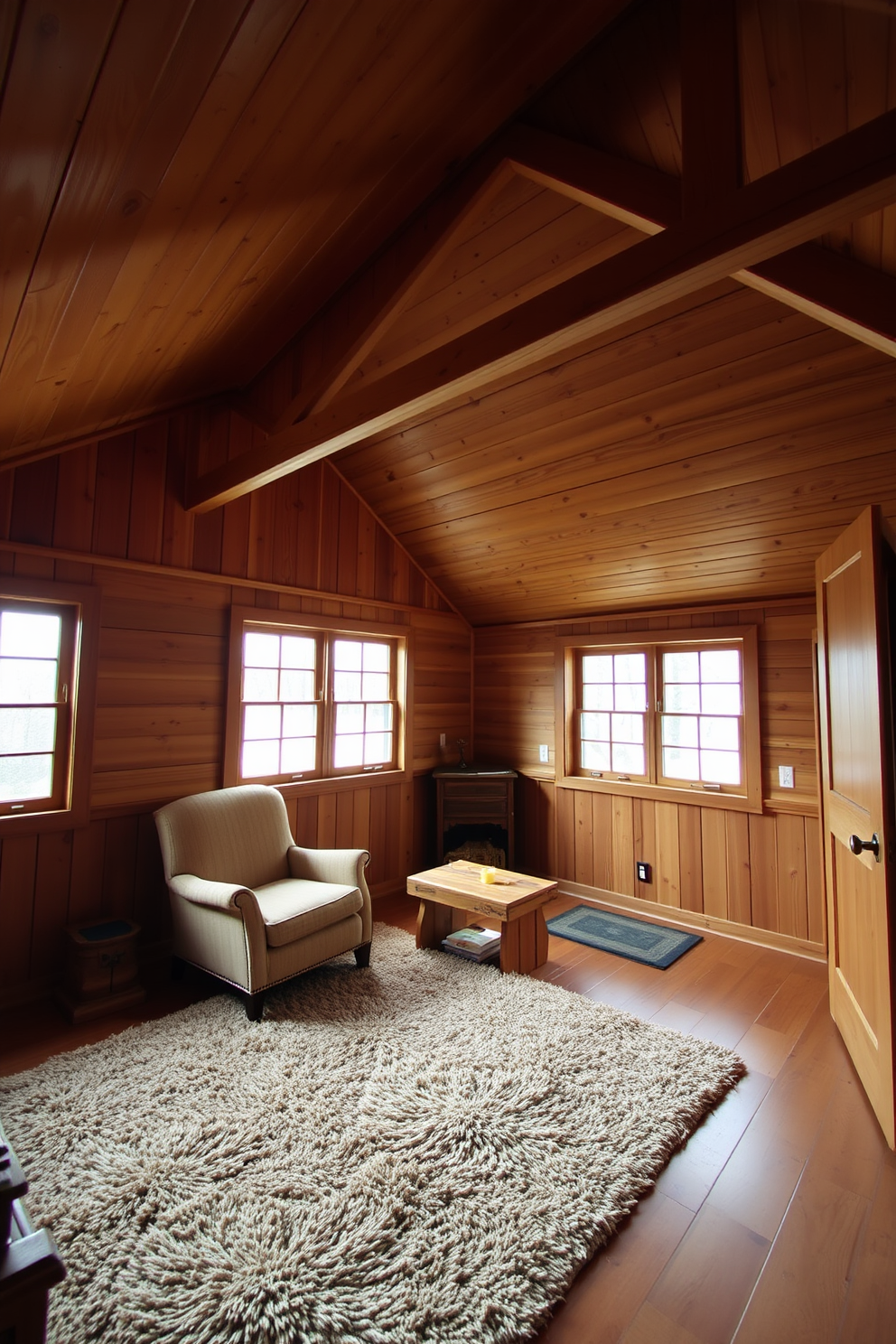 A cozy wooden attic room with natural wood finishes throughout. Exposed beams and a sloped ceiling create a warm atmosphere, complemented by a plush area rug and soft lighting. A comfortable seating area features a vintage armchair and a small coffee table made of reclaimed wood. Large windows allow natural light to flood the space, showcasing the beautiful grain of the wood.