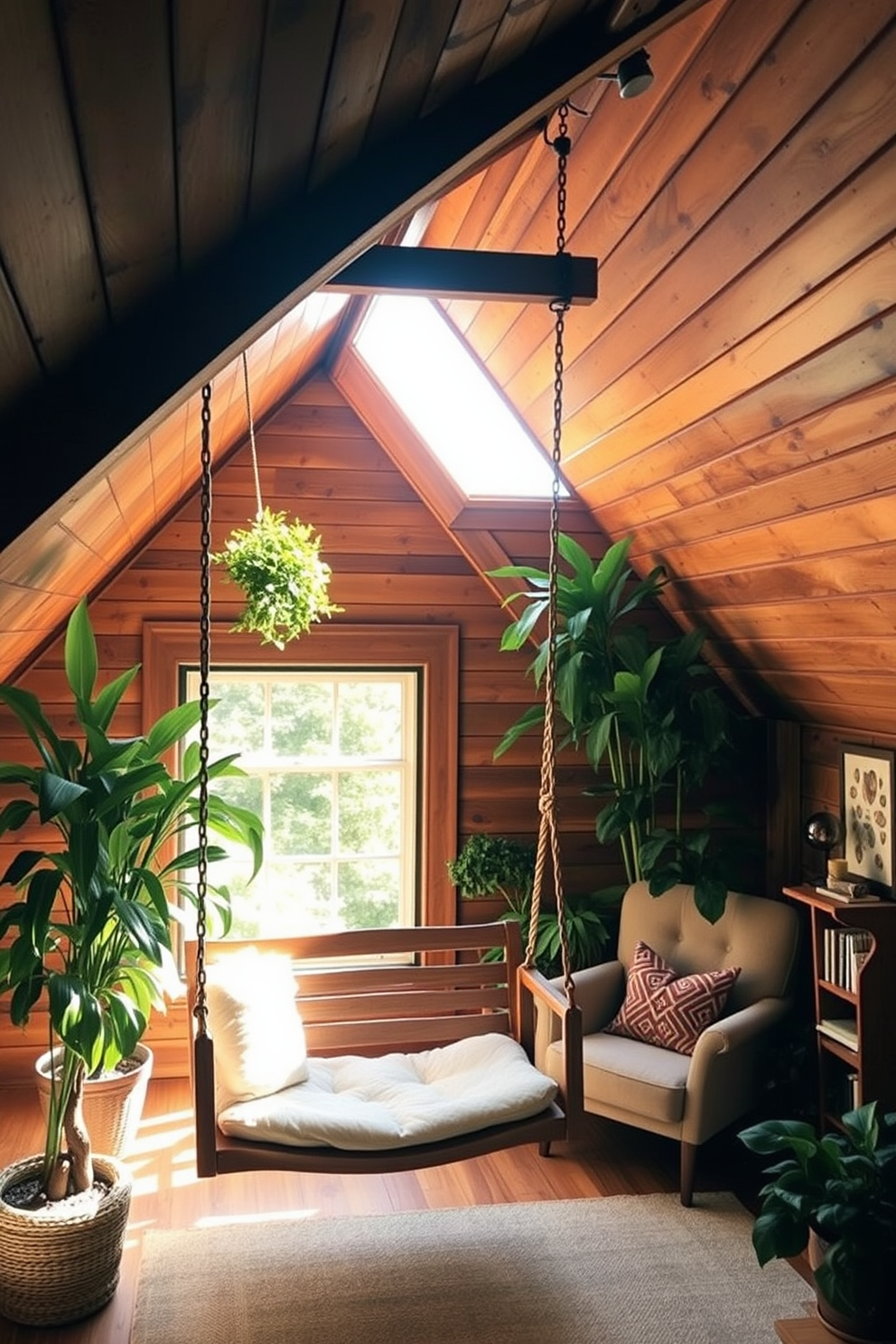 A cozy wooden swing chair is suspended from the ceiling in a sunlit corner of the room. Surrounding the swing are lush indoor plants and soft cushions, creating an inviting space for relaxation. The wooden attic room features sloped ceilings and rustic beams that add character to the space. A large window allows natural light to flood in, illuminating a comfortable reading nook with a plush armchair and a small bookshelf.