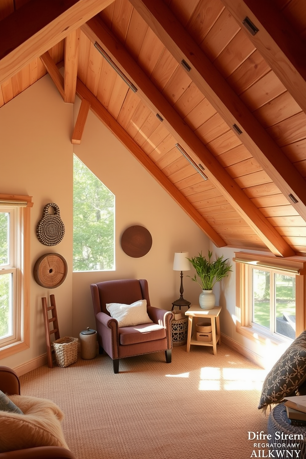 Create a cozy attic room filled with natural light. The space features wooden beams and a sloped ceiling, with wooden art pieces adorning the walls to add a personal touch. Incorporate a comfortable reading nook with a plush chair and a small wooden side table. Use warm tones and soft textures to create an inviting atmosphere that feels both rustic and modern.