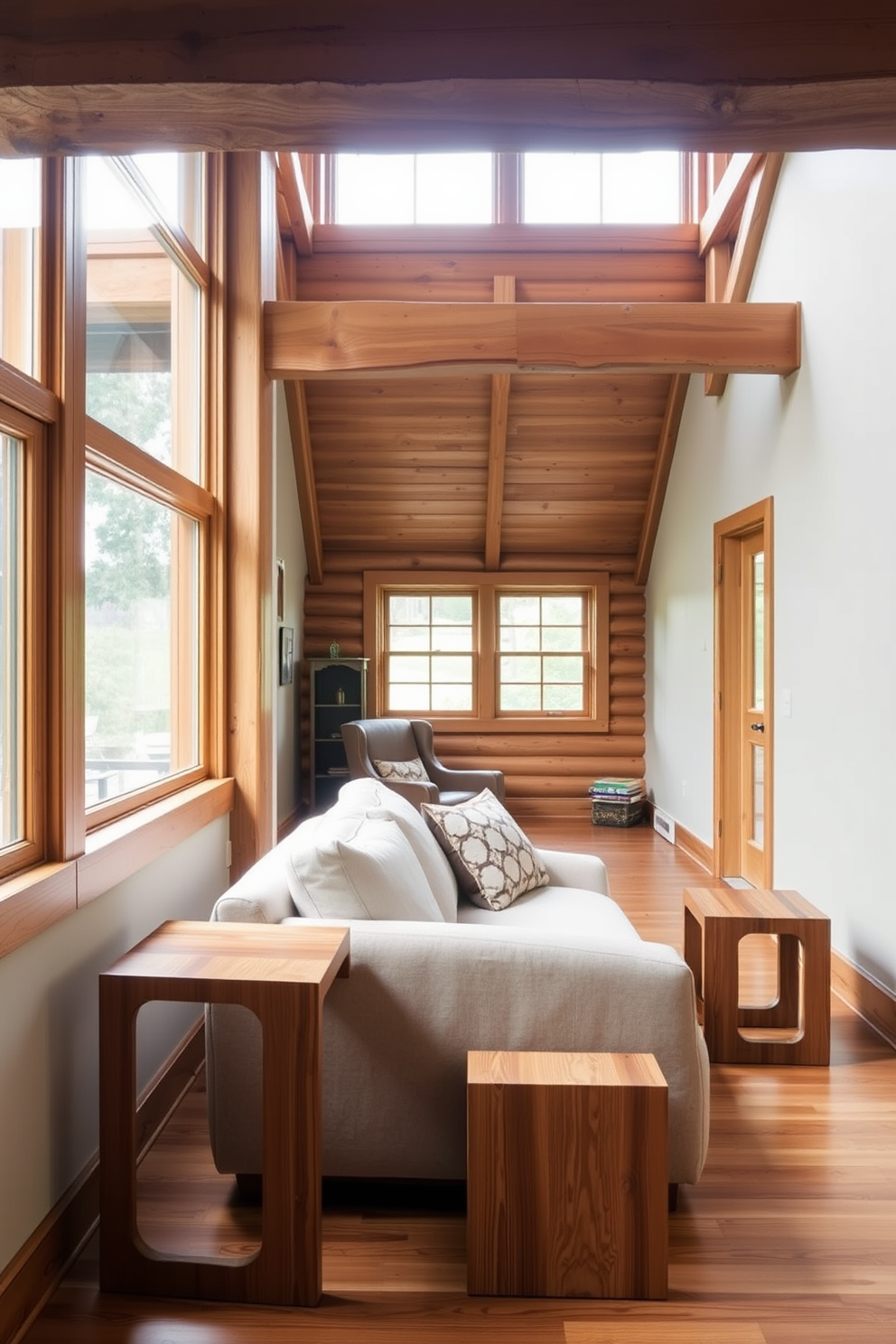 A cozy wooden attic room filled with natural light. The walls are adorned with unique wooden wall art that adds personality and warmth to the space. The room features a sloped ceiling with exposed wooden beams. A comfortable seating area includes a plush armchair and a small coffee table, creating an inviting nook for relaxation.