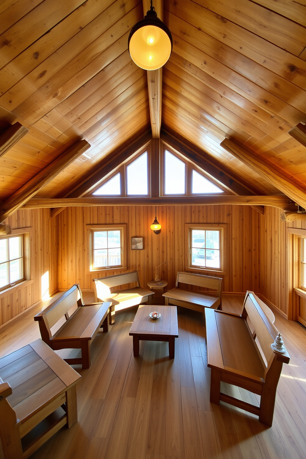 A cozy wooden attic room features rustic wooden beams and warm lighting that creates an inviting atmosphere. In the center, there are several wooden benches arranged around a low coffee table, perfect for relaxation and conversation. The walls are adorned with soft, neutral colors that enhance the natural wood tones. Large windows allow plenty of natural light to filter in, showcasing the beautiful view outside.