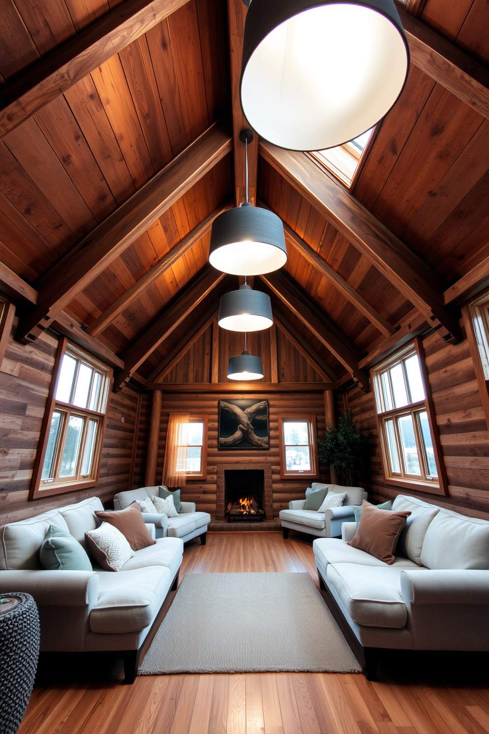 A cozy attic room featuring wooden ceiling lights that cast a warm glow throughout the space. The walls are lined with rustic wooden beams, and plush seating areas are arranged to create an inviting atmosphere. The design incorporates soft textiles and a neutral color palette, enhancing the warmth of the wooden accents. Large windows allow natural light to flood in, complementing the overall inviting feel of the room.