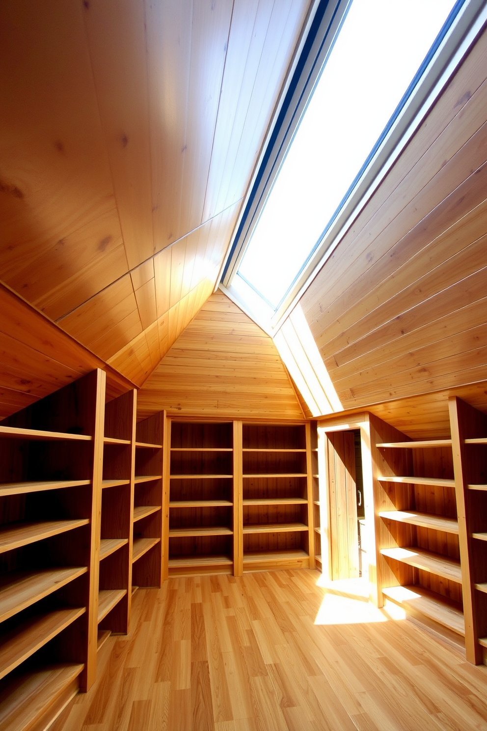 A cozy wooden attic room with built-in wooden shelves lining the walls for ample storage space. The room features sloped ceilings and a large skylight that floods the area with natural light, creating a warm and inviting atmosphere.