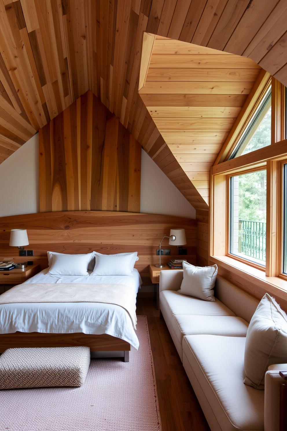 A cozy nook designed with wooden dividers creates a sense of privacy and warmth. The space features a plush armchair, soft throw pillows, and a small side table perfect for a cup of tea. The wooden attic room is transformed into a serene retreat with sloped ceilings and large windows. Natural light floods the space, highlighting a comfortable bed dressed in soft linens and surrounded by built-in shelves filled with books and decorative items.